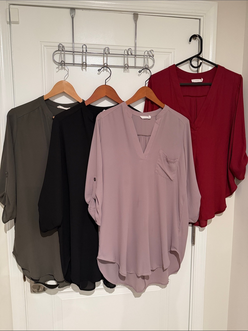 Lush V-Neck Roll-Tab Blouse in Dusty Mauve, Black, Olive and Burgundy